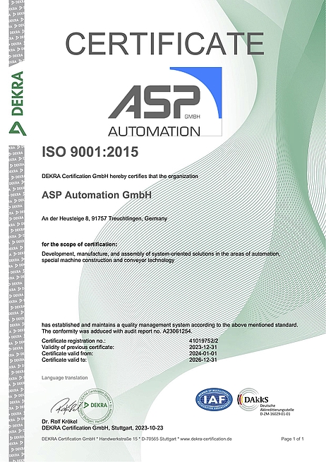 ASP AUTOMATION ist nach ISO 9001 zertifiziert.