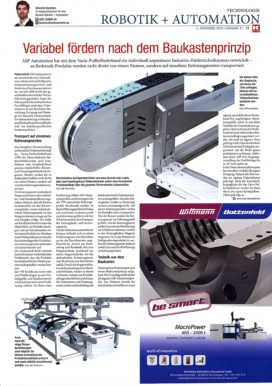 ASP präsentiert sich mit dem Vario Puffer Förderband in der Fachpresse.