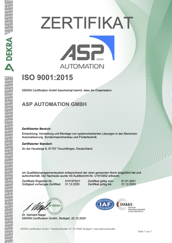 ASP ist mit dem ISO 9001 Zertifikat zertifiziert.